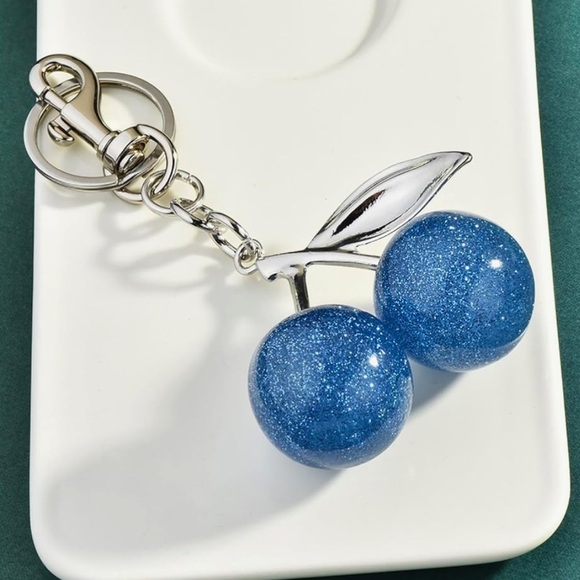 Cherry purse charm, blue sparkles, silver hardware perfect for your Coach bag - Picture 2 of 3